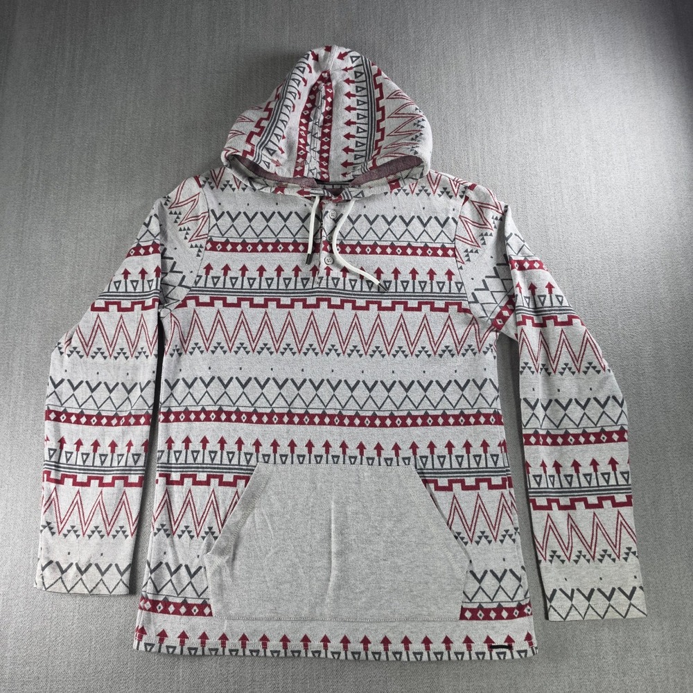 On The Byas Hoodie Womens‎ M Grey Red Tribal Print Henley Pullover Sweatshirt